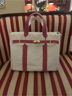 Handmade L.L. Bean Canvas Tote Boatkin Nantucket Red Trim Gold Lock and Key